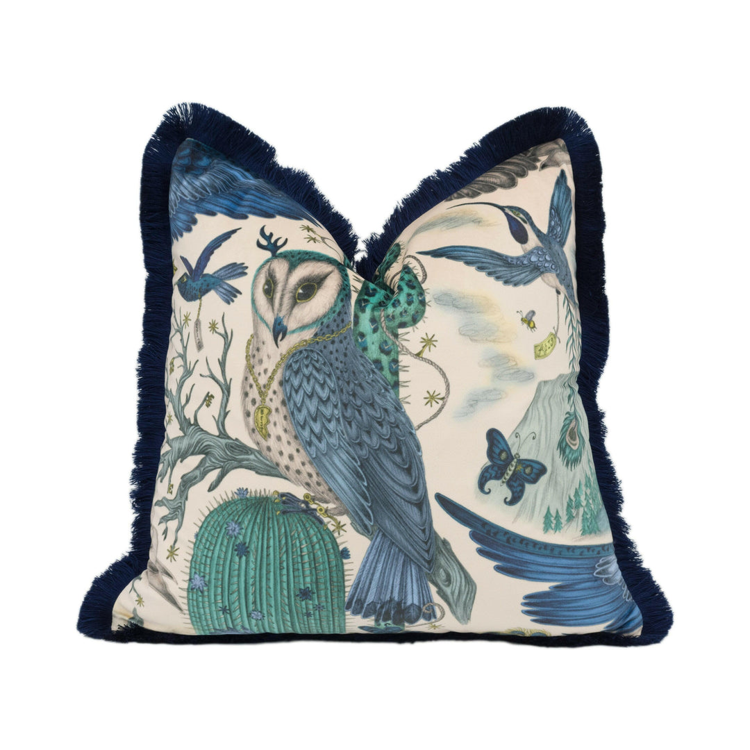 Blue Maximalist Desert Owl Flora and Fauna Designer Cushion Cover - Luxury Blue Fringe Desert Creatures Throw Pillow - Linen Cactus Scatter.