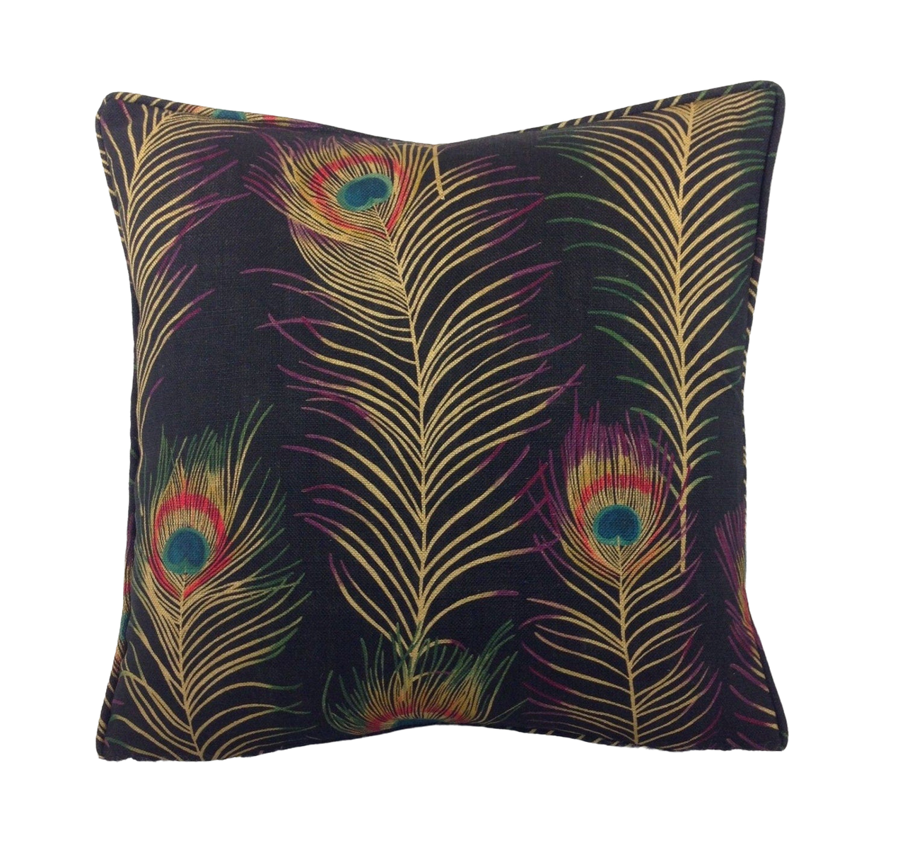 a black pillow with colorful feathers on it