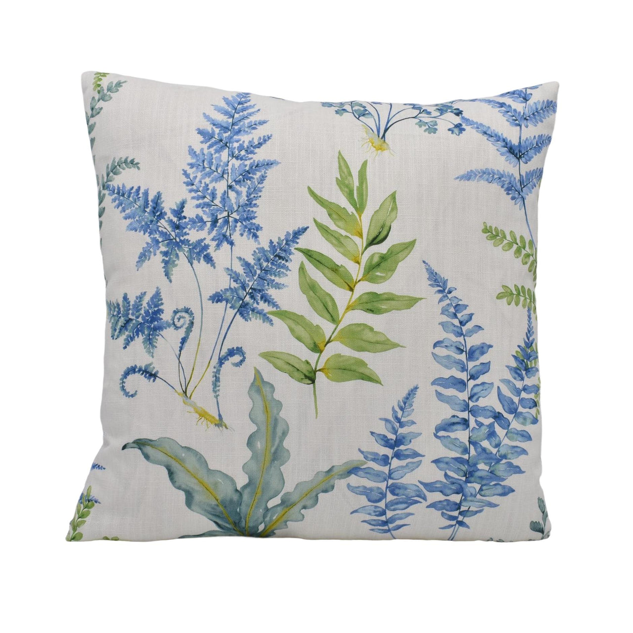 a white pillow with blue and green plants on it