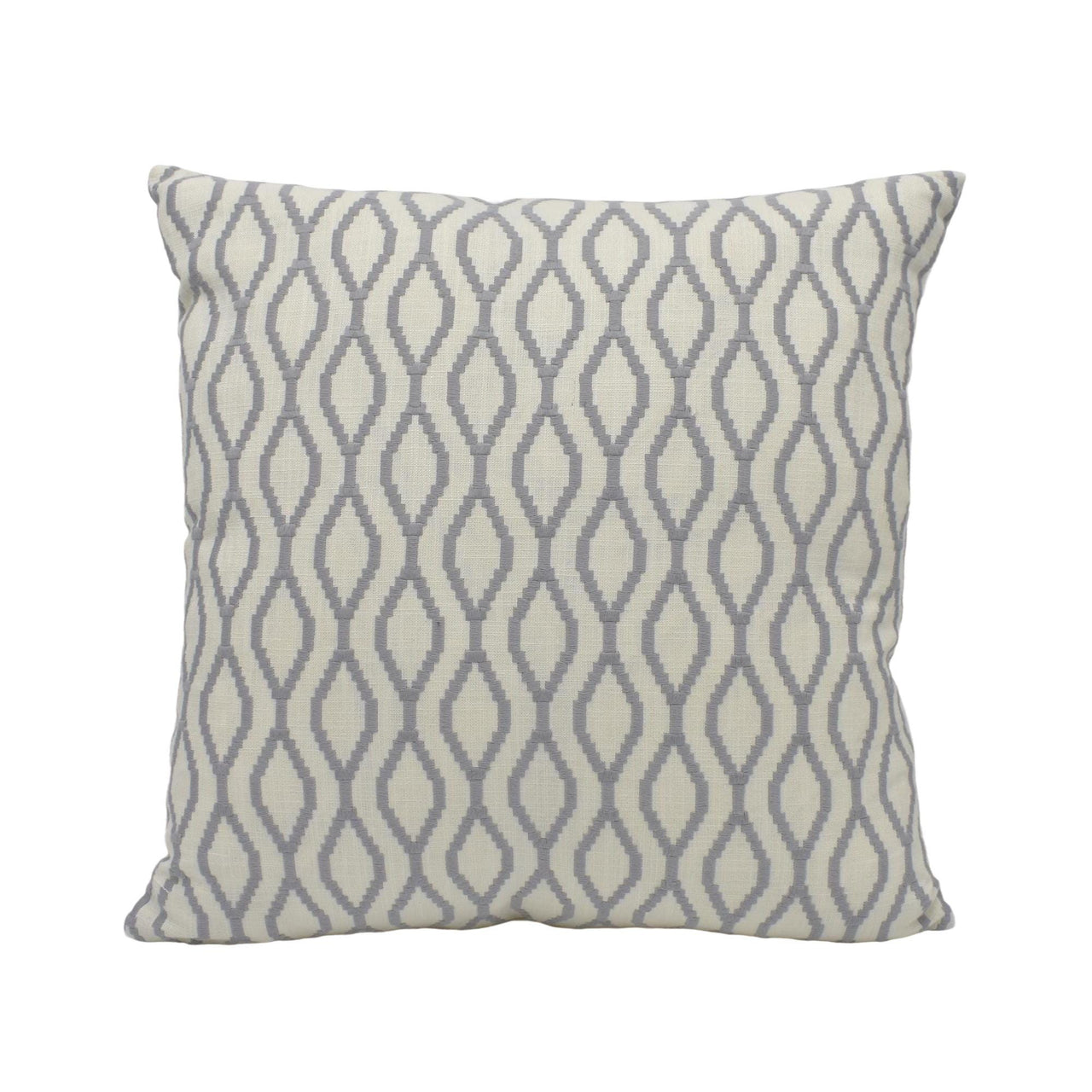 a grey and white pillow on a white background