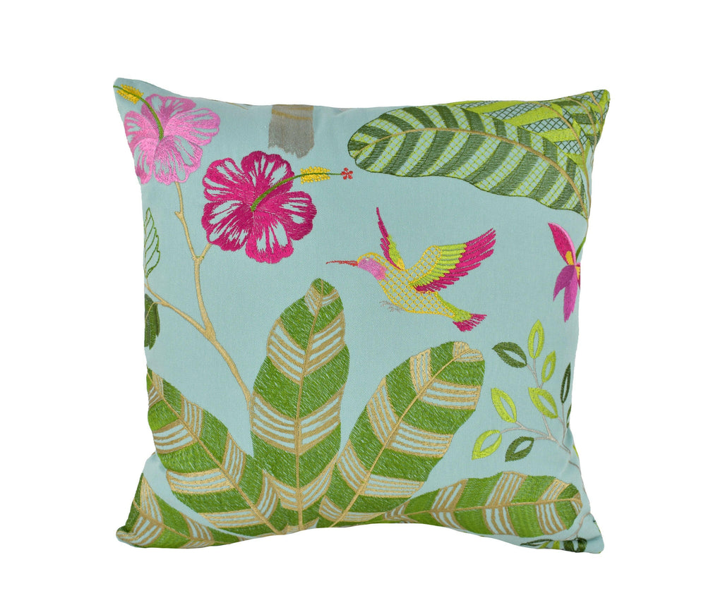 Jane Churchill - Maracatu - Aqua - Tropical Embroidered Exotic Landscape Cushion Cover - Handmade Throw Pillow Designer Home Decor.