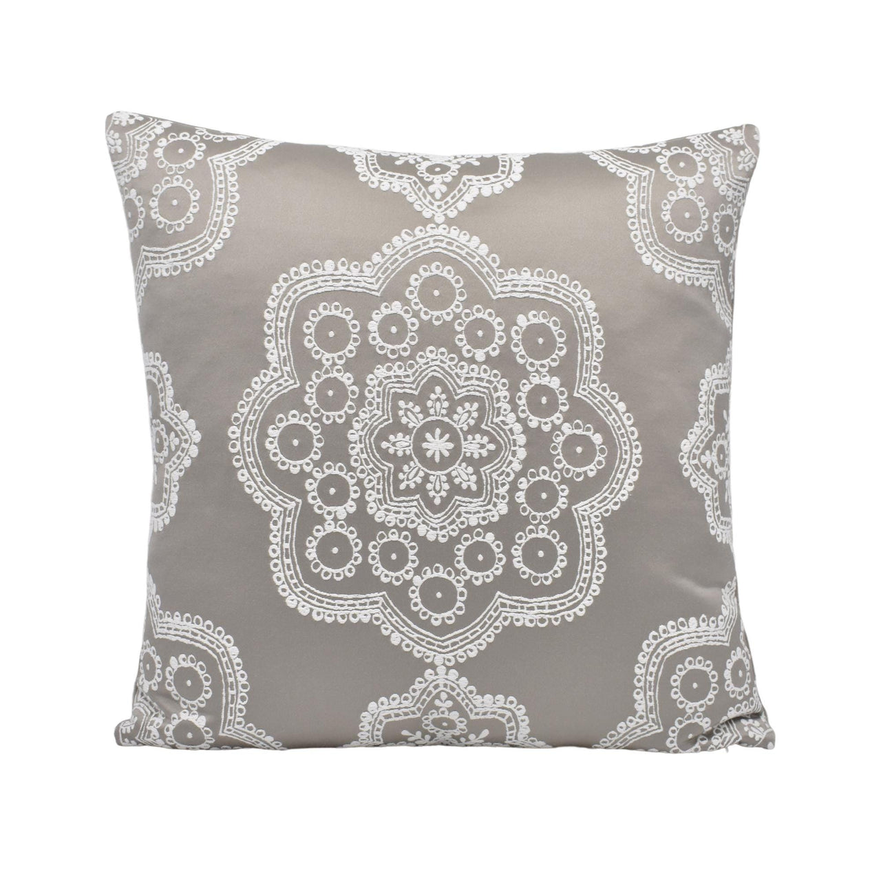 a gray and white pillow with an intricate design