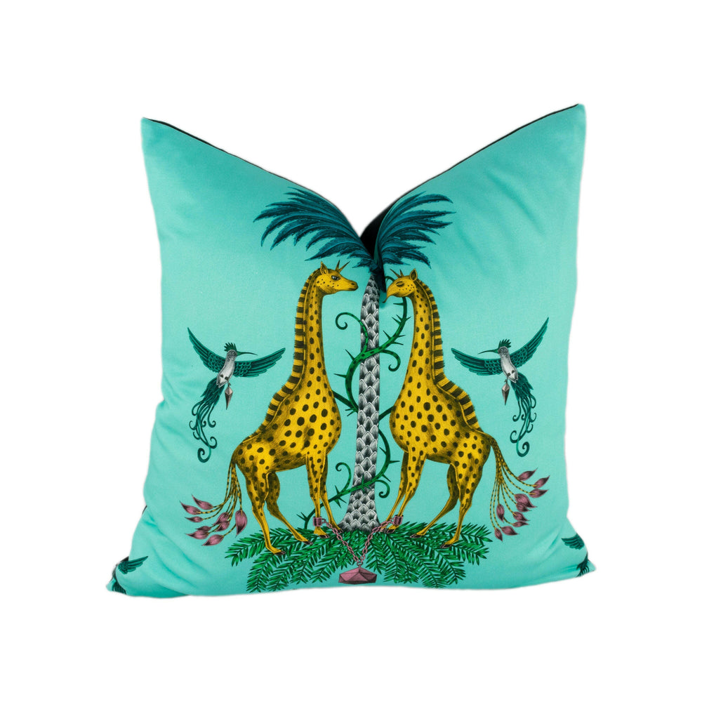 Turquoise Blue Funky Maximalist Fantasy Giraffes and Zebras  - Bold Flora and Fauna Designer Cushion Cover - Luxury Throw Pillow - Handmade.