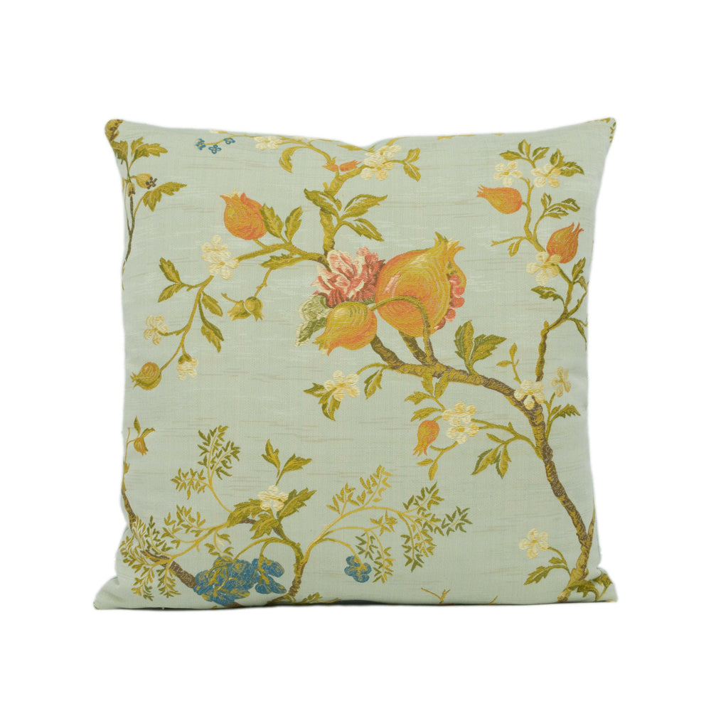 Scalamandre - Melograno - Multi on Sky Blue - Romantic Whimsical Indian European Lampas  Designer Cushion Cover - Luxury Throw Pillow Home.