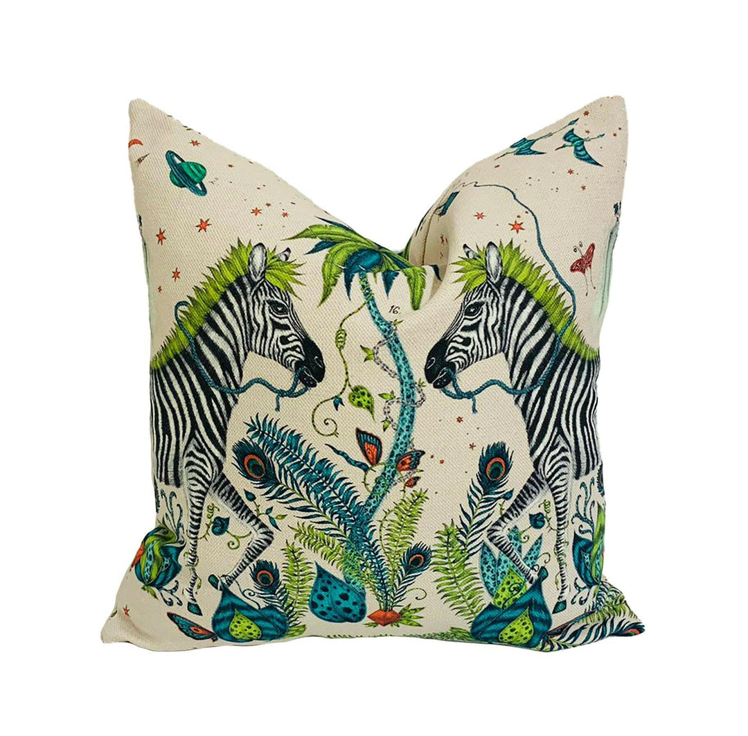 Green Jungle Maximalist Zebra Designer Cushion Cover - Bold and Funky Linen Flora and Fauna - Luxury Throw Pillow Handmade Home Decor.