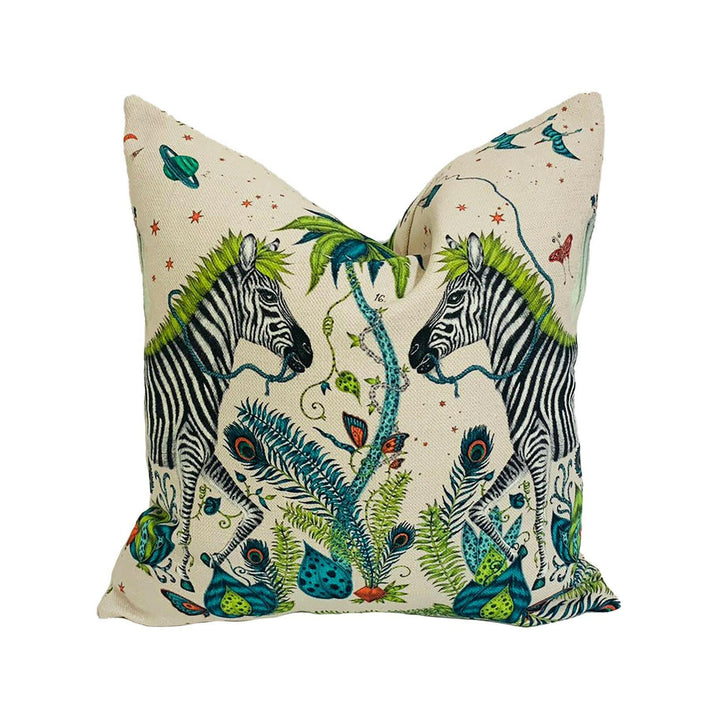 Green Jungle Maximalist Zebra Designer Cushion Cover - Bold and Funky Linen Flora and Fauna - Luxury Throw Pillow Handmade Home Decor.