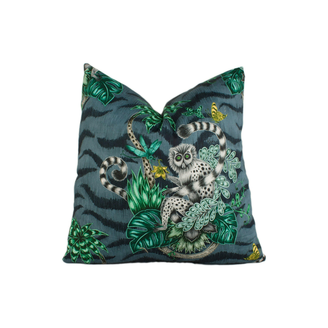 Grey Maximalist Tropical Lemur Designer Cushion Cover - Bold Flora and Fauna Luxury Throw Pillow - Handmade Home Decor - Funky Scatter.