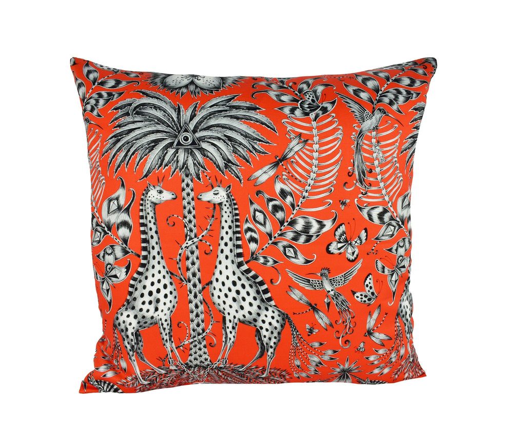 Orange Funky Maximalist Fantasy Giraffes and Zebras  - Bold Flora and Fauna Designer Cushion Cover - Luxury Throw Pillow - Handmade Home.