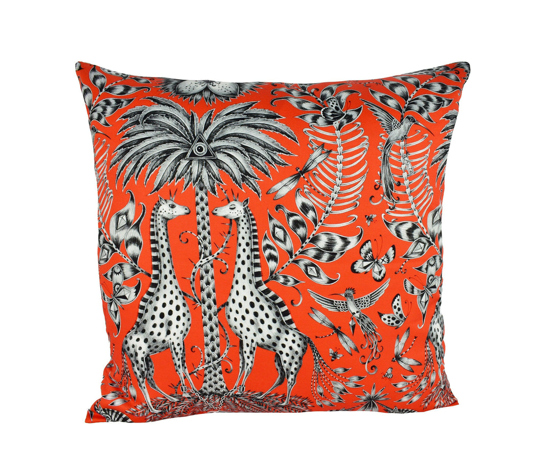 Orange Funky Maximalist Fantasy Giraffes and Zebras  - Bold Flora and Fauna Designer Cushion Cover - Luxury Throw Pillow - Handmade Home.