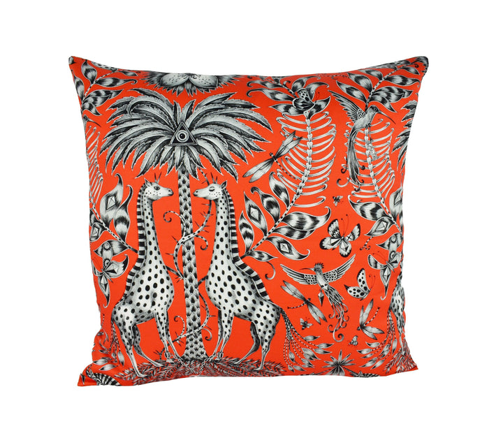 Orange Funky Maximalist Fantasy Giraffes and Zebras  - Bold Flora and Fauna Designer Cushion Cover - Luxury Throw Pillow - Handmade Home.