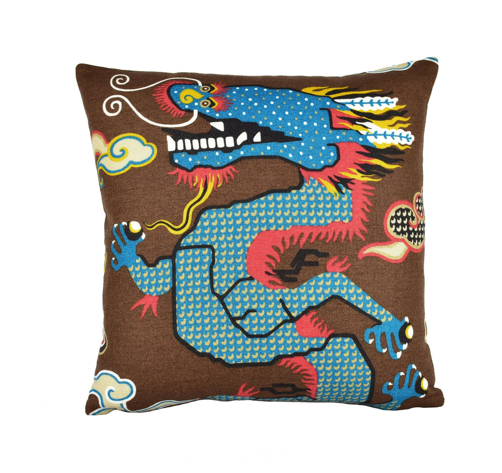Schumacher - Magical Ming Dragon - Brown - Fantastical Tibetan Inspired Designer Cushion Cover - Handmade Throw Pillow - Luxury Home Decor.