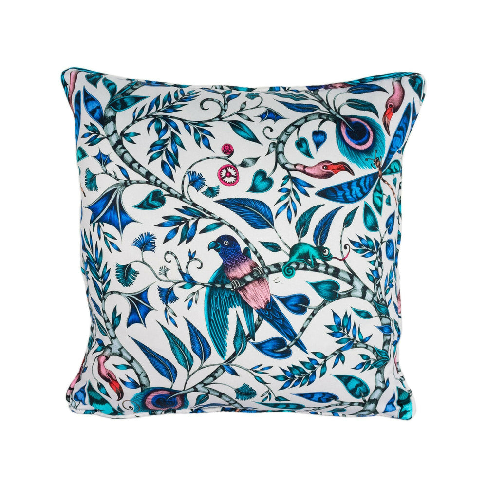Blue & White Funky Maximalist Fantasy Tropical Birds - Bold Flora and Fauna Designer Cushion Cover - Luxury Throw Pillow - Handmade Home.
