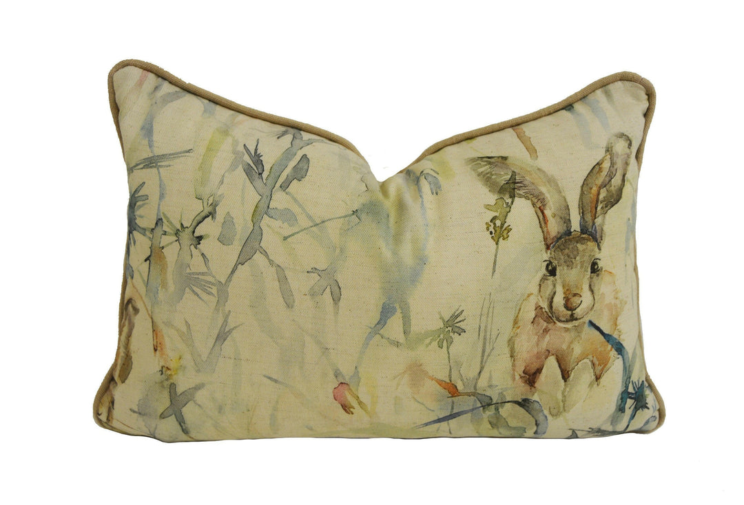 Voyage - Jack Rabbit - Linen - Playful Watercolour Rabbit & Thistle Cushion Cover - Handmade Throw Pillow Designer Home Decor.