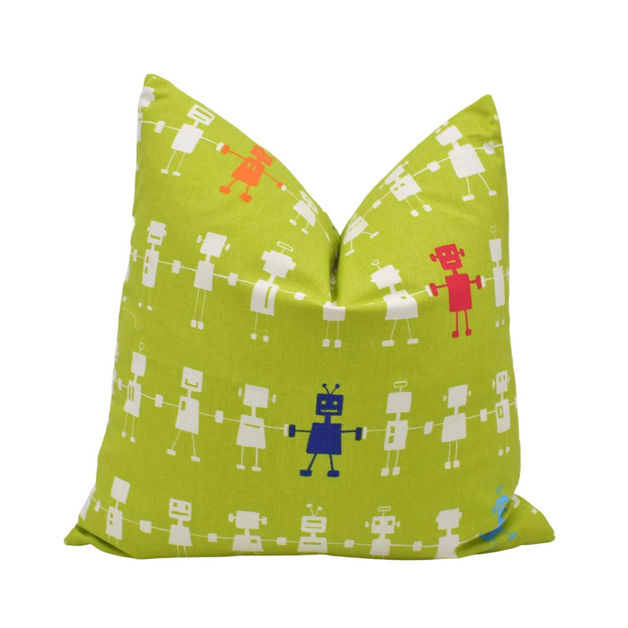 a green pillow with a robot design on it