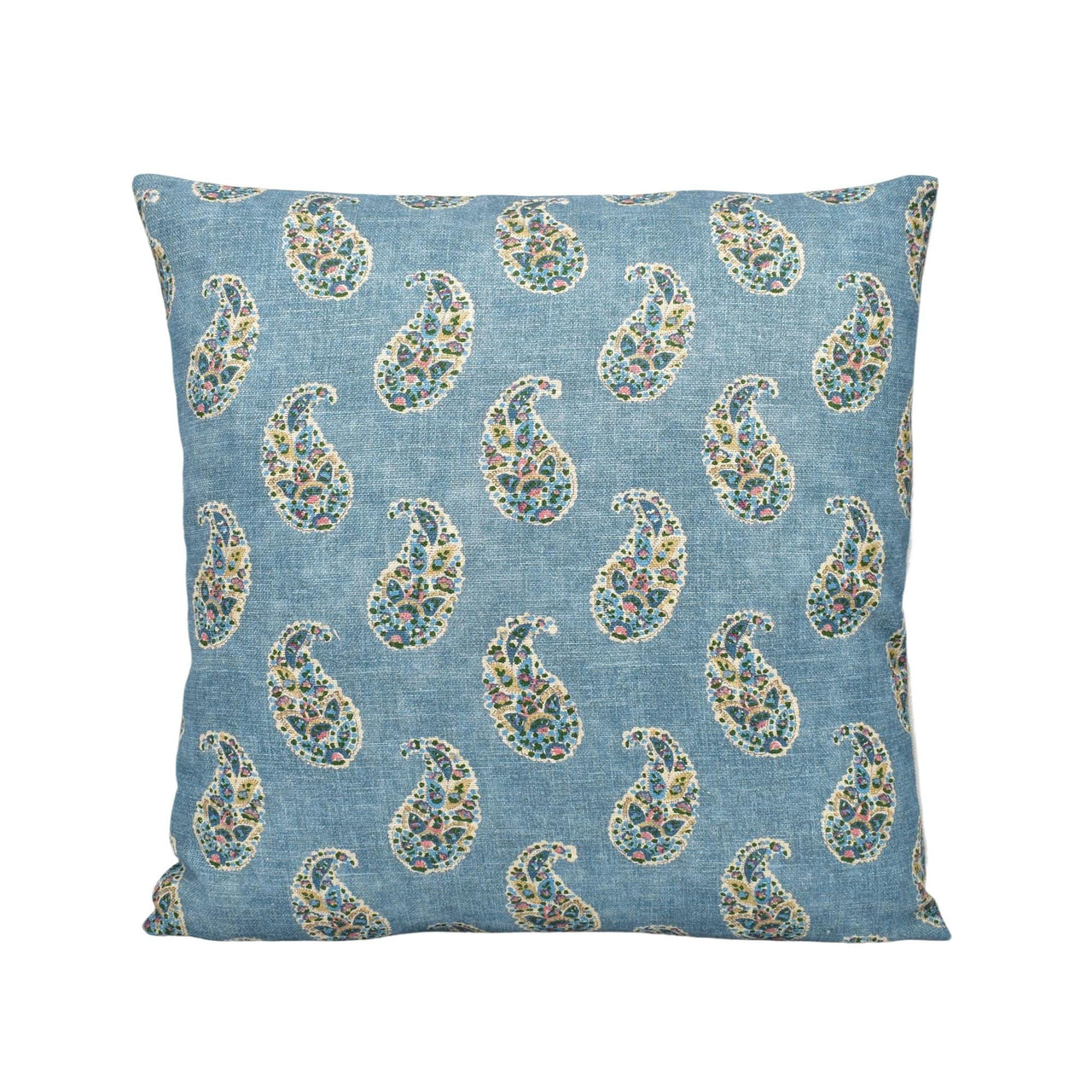 a blue pillow with a paisley pattern on it