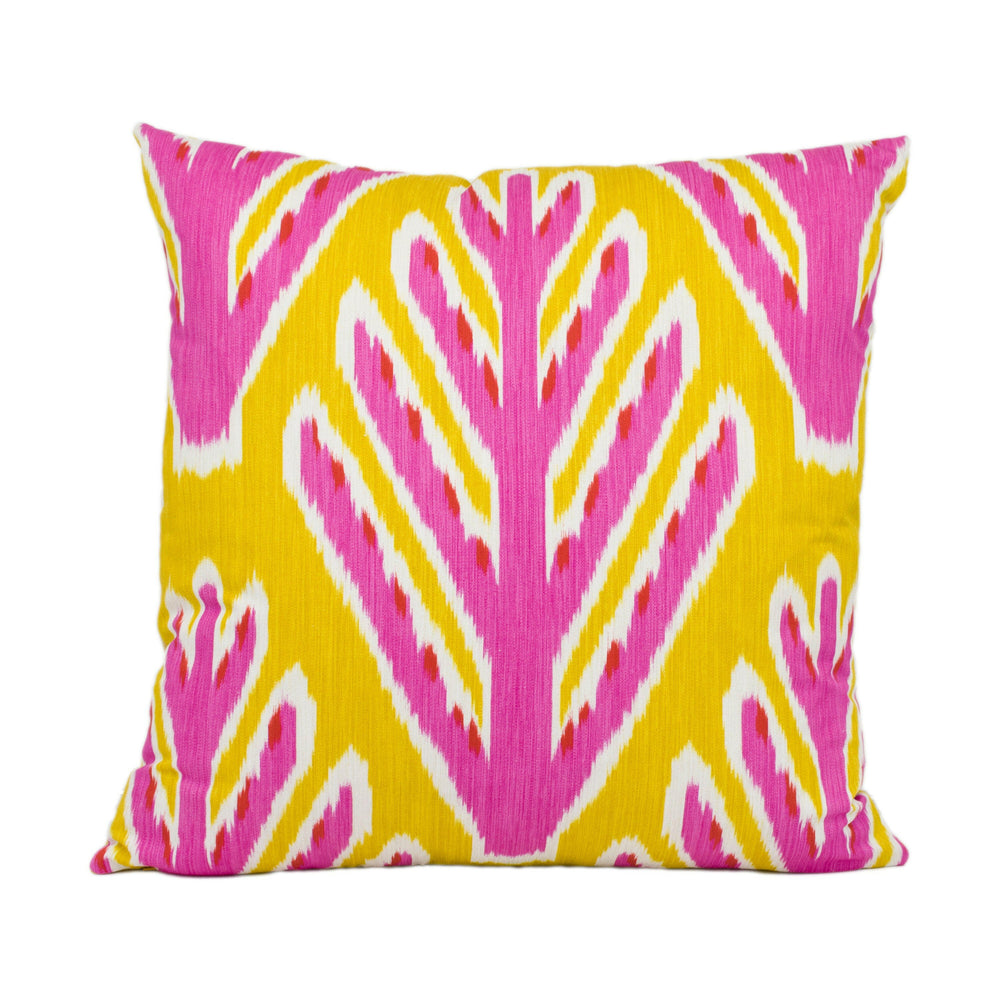 Schumacher - Bodhi Tree - Yellow & Pink - Rich Colourful Uzbek Ikat Designer Cushion Cover - Handmade Throw Pillow Designer Home Decor.