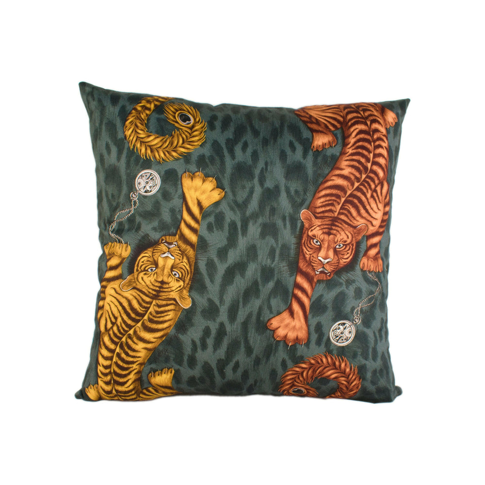 Orange & Grey Maximalist Tiger Designer Cushion Cover - Bold Flora and Fauna Luxury Throw Pillow - Handmade Home Decor - Funky Scatter.