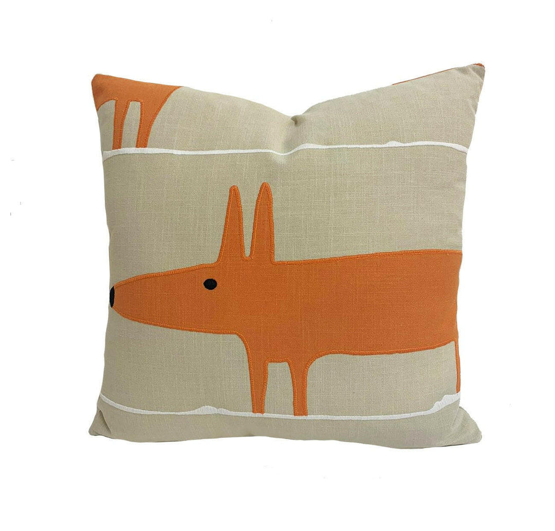 Scion - Mr Fox Applique - Tangerine / Linen - Luxury Friendly Mr Fox Designer Cushion Cover - Luxury Throw Pillow - Handmade Home Decor.