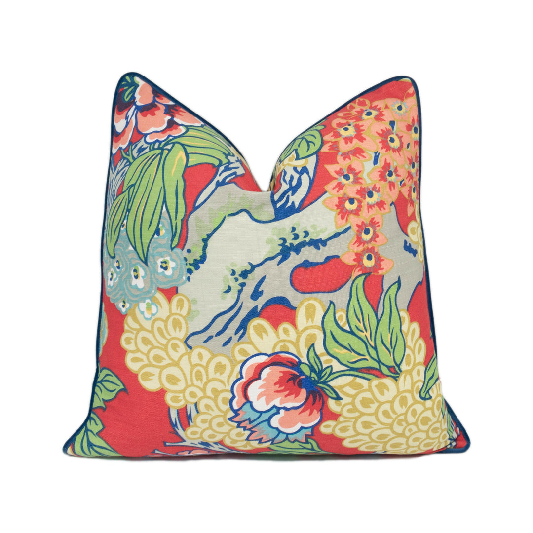 Thibaut - Honshu - Coral / Green - Large Scale Floral Japanese Garden Designer Cushion Cover - Luxury Throw Pillow - Handmade Home Decor.