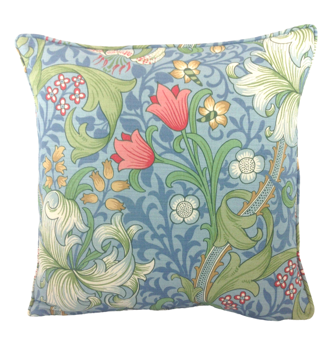 a blue and green pillow with flowers on it