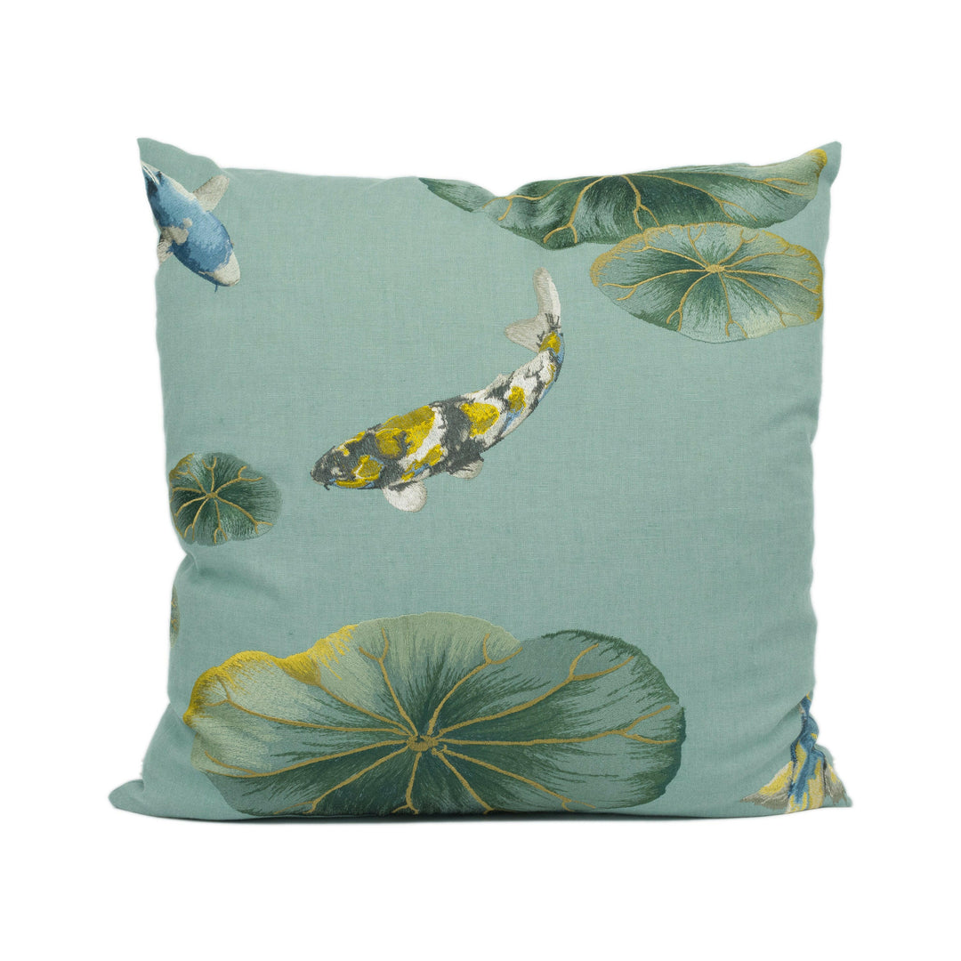 Kravet - Lotus Pond - Sage Green - Playful Embroidered Koi Floral Cushion Cover - Handmade Throw Pillow - Designer Home Décor.