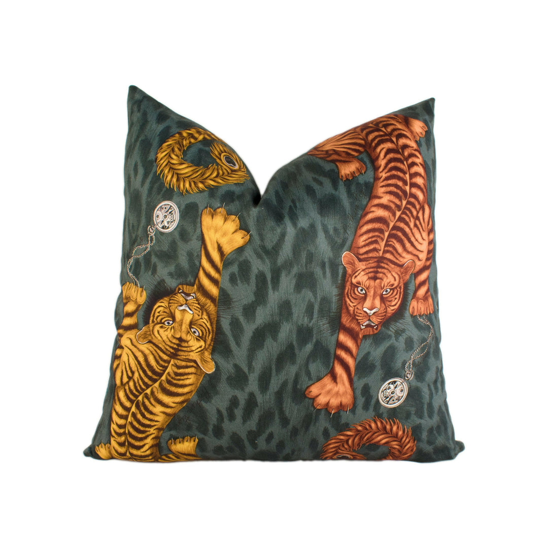 Orange & Grey Maximalist Tiger Designer Cushion Cover - Bold Flora and Fauna Luxury Throw Pillow - Handmade Home Decor - Funky Scatter.