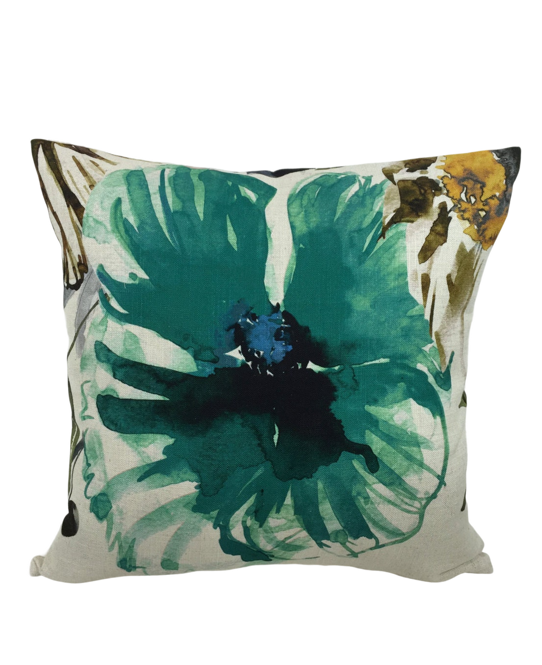 a green and white flower pillow on a white background