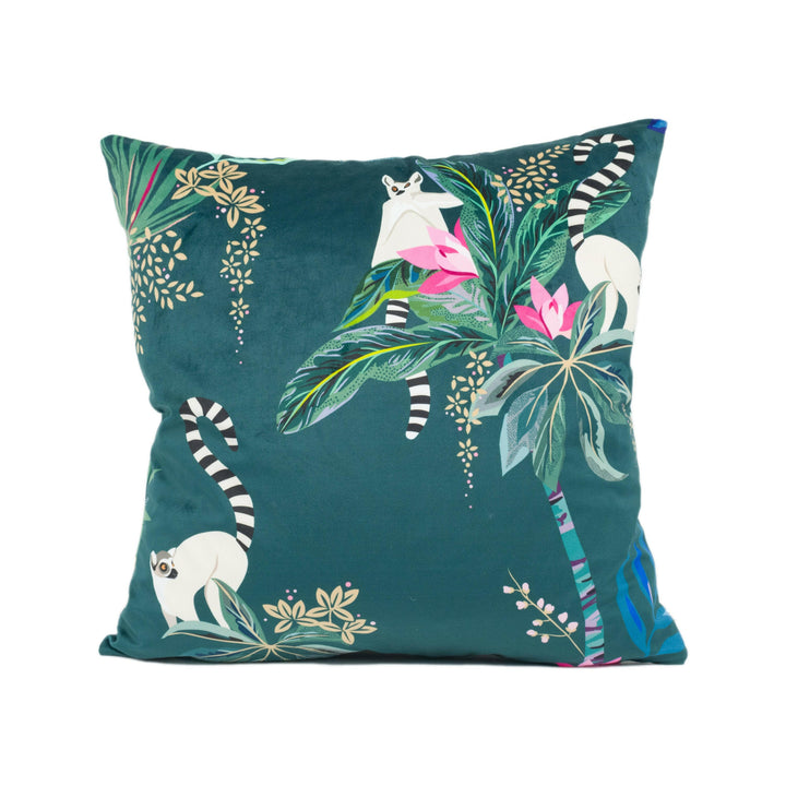 Lemur Teal Velvet Designer Cushion Cover - Luxury Velvet Throw Pillow - Tropical Fantasy Maximalist Pillow Cover - Custom Handmade Pillow.
