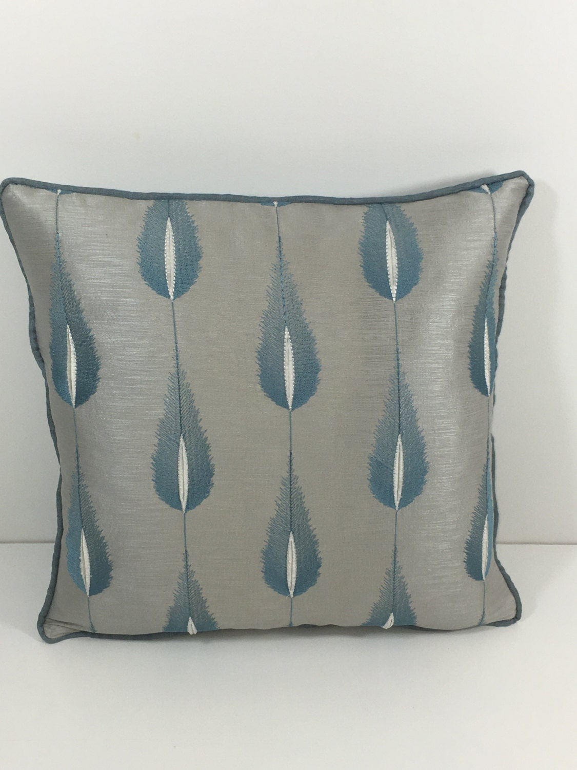 Jane Churchill - Colefax & Fowler - Plato - Aqua - Elegant Silk Feather Motif Cushion Cover - Handmade Throw Pillow Designer Home Decor