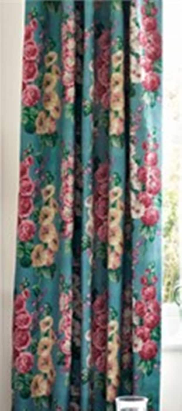 Sanderson Fabric - 'Hollyhocks Petrol Blue/Multi - Linen Blend Made to Measure Curtains