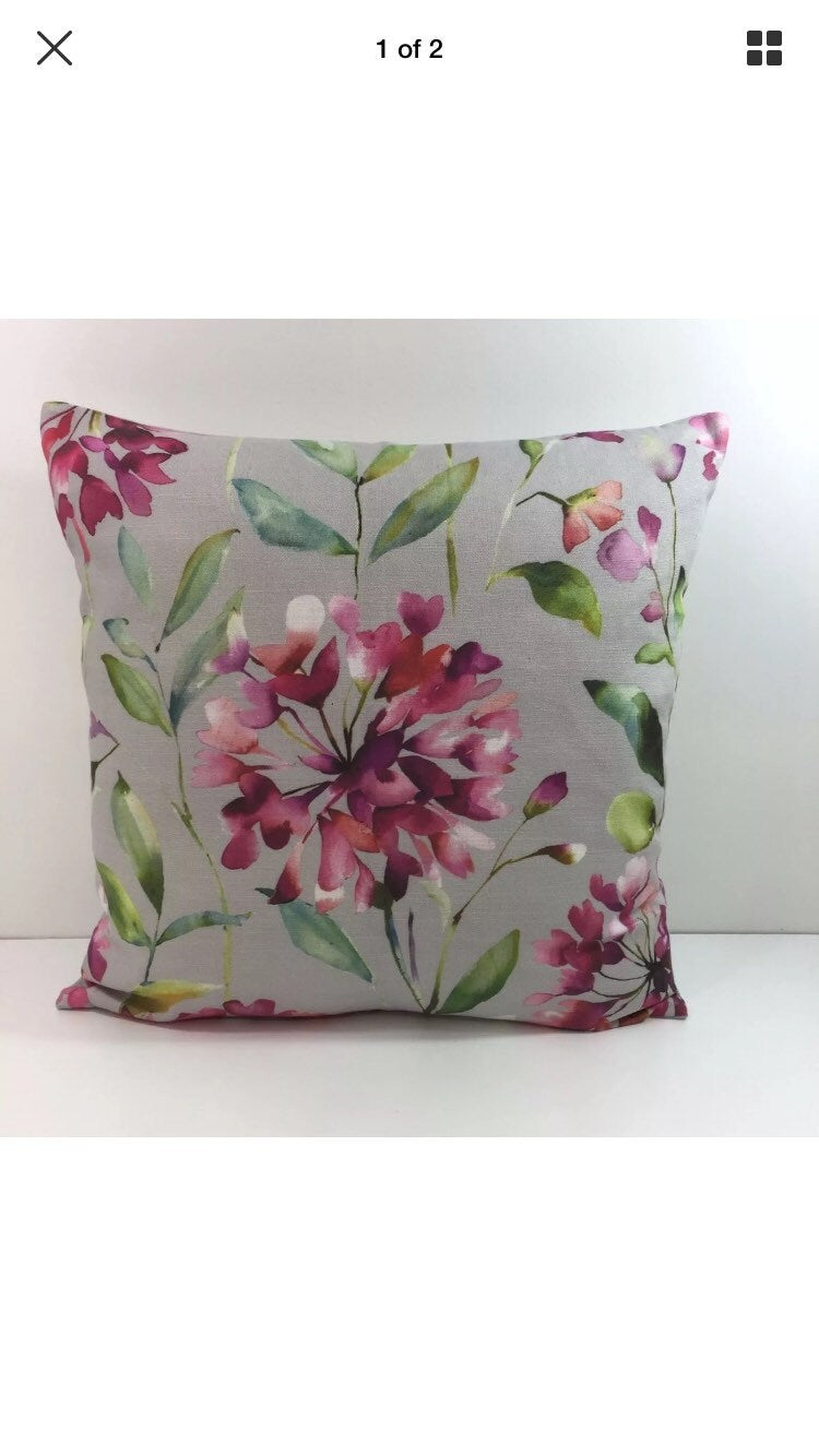 Voyage - Clovelly - Raspberry / Stone - Stunning Floral Watercolour Cushion Cover - Handmade Throw Pillow - Designer Home Decor