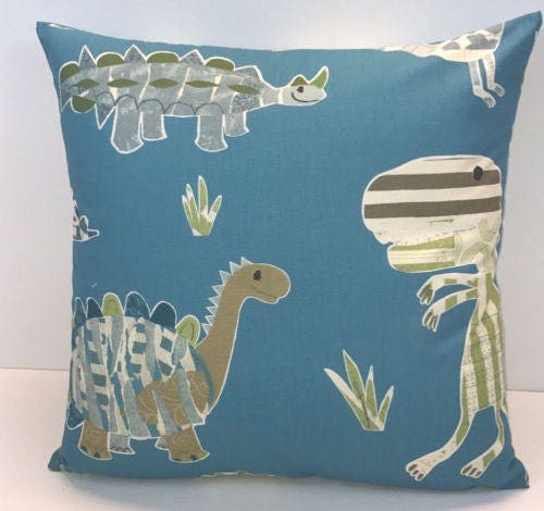 Harlequin - Jolly Jurassic - Ocean / Khaki / Natural - Cute Children's Dinosaur Cushion Cover Handmade Throw Pillow Designer Home Decor