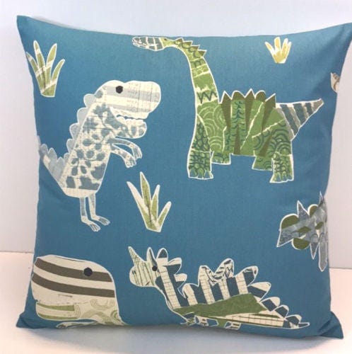 Harlequin - Jolly Jurassic - Ocean / Khaki / Natural - Cute Children's Dinosaur Cushion Cover Handmade Throw Pillow Designer Home Decor