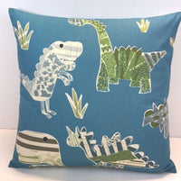 Thumbnail for Harlequin - Jolly Jurassic - Ocean / Khaki / Natural - Cute Children's Dinosaur Cushion Cover Handmade Throw Pillow Designer Home Decor