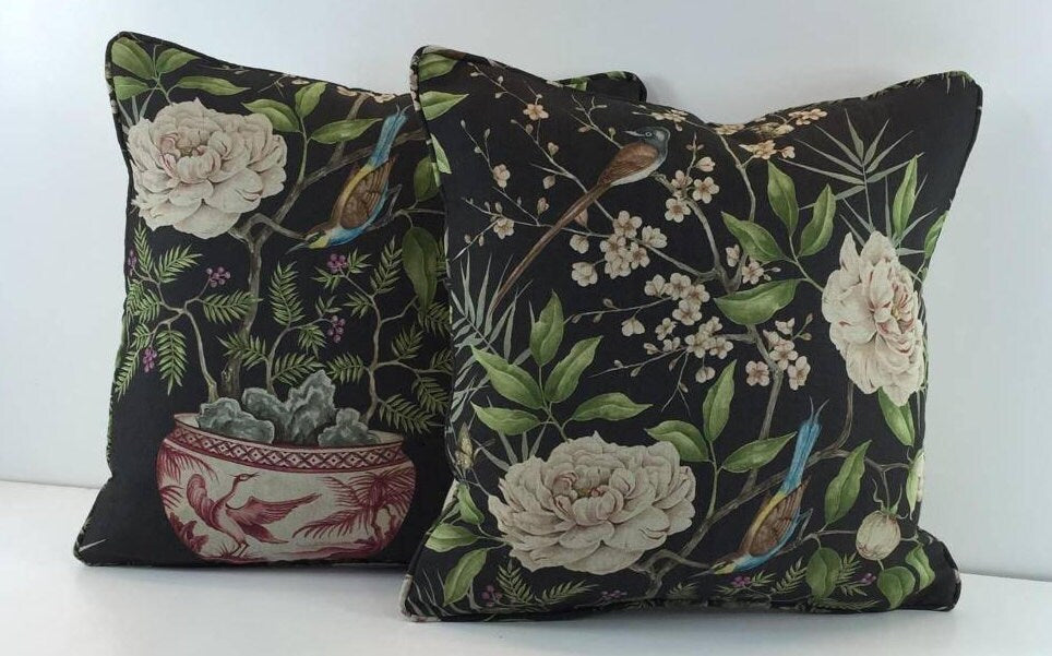 Zoffany - Romey's Garden - Ebony - Self-Piped Designer Cushion Cover - Handmade Throw Pillow Designer Home Decor