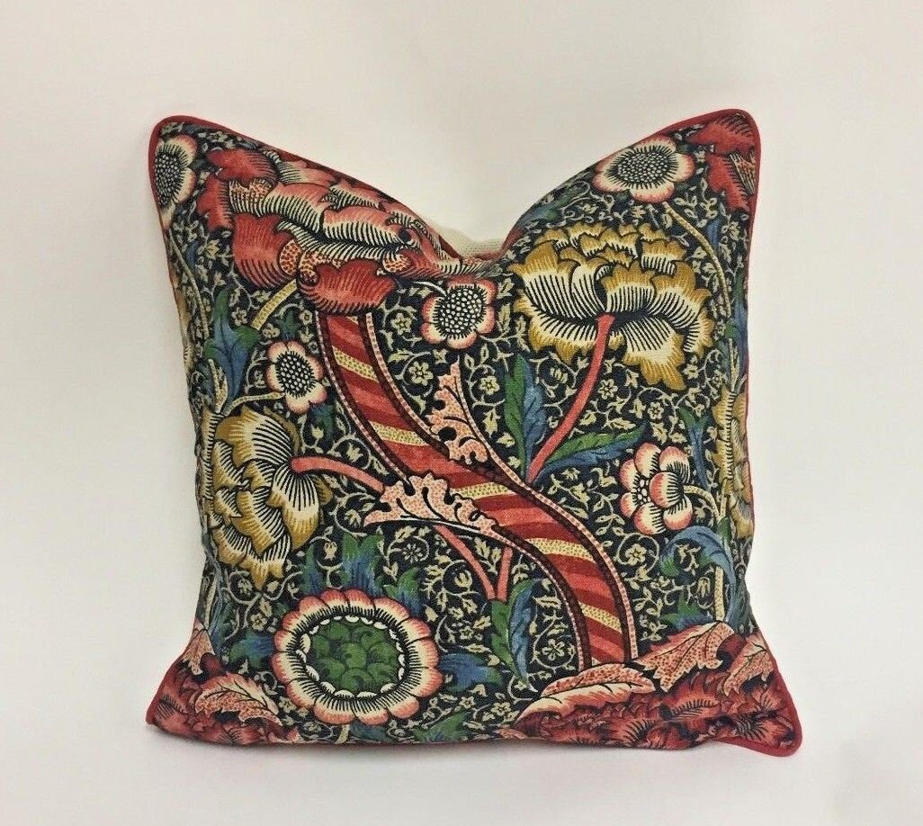 William Morris - Wandle - Indigo / Carmine - Contrast Piped Cushion Cover Throw Pillow Designer Home Decor