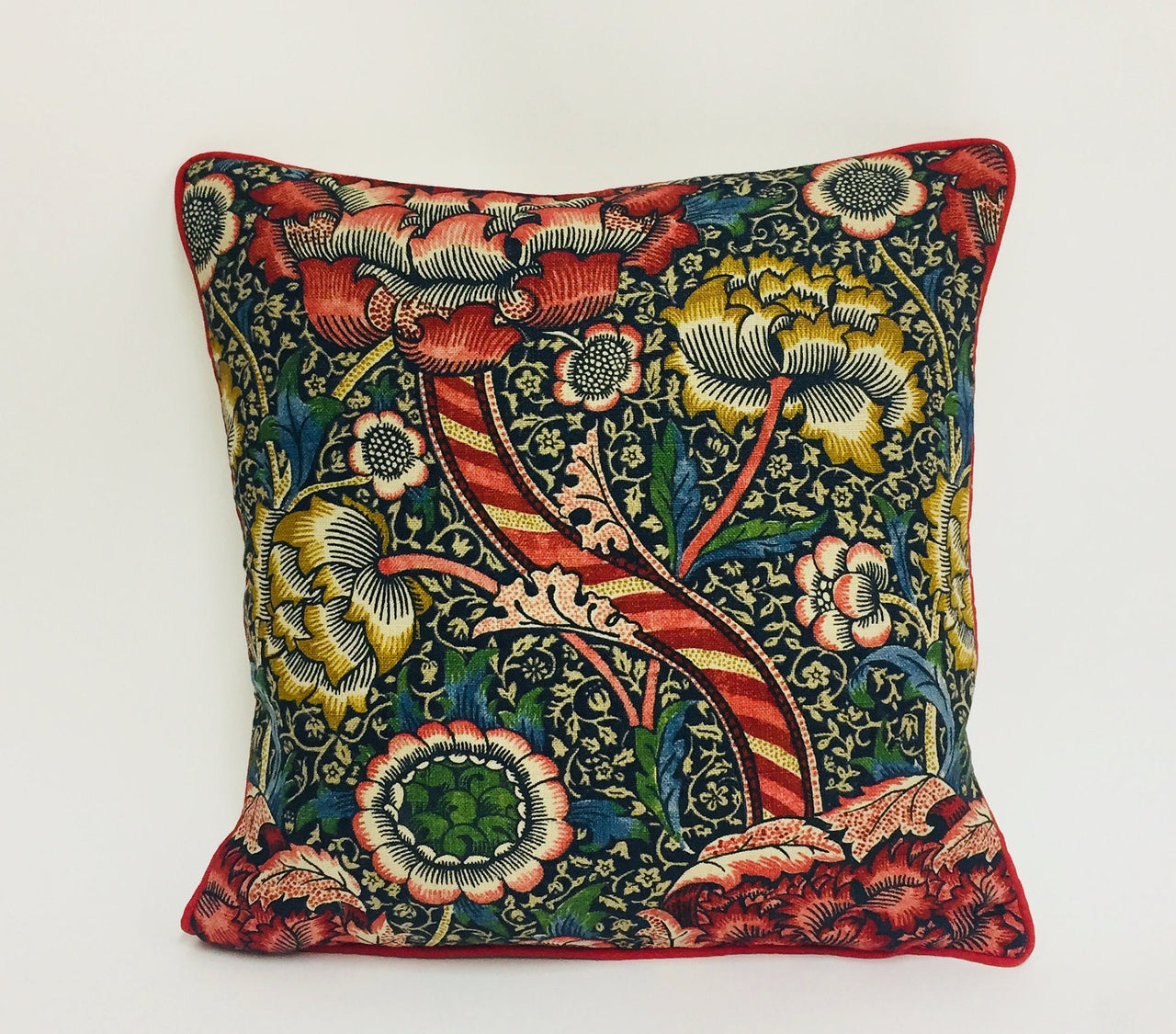 William Morris - Wandle - Indigo / Carmine - Contrast Piped Cushion Cover Throw Pillow Designer Home Decor