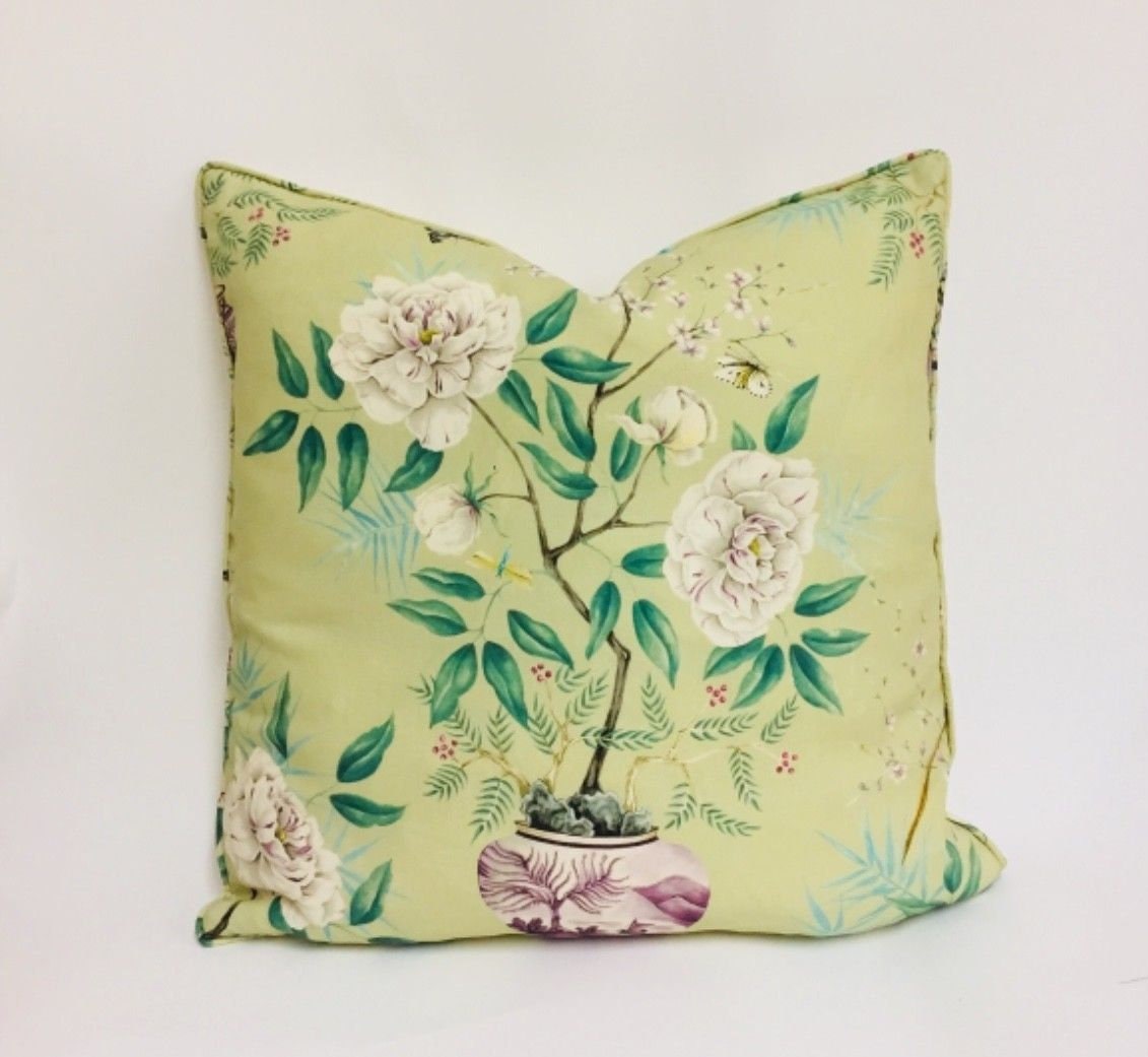 Zoffany - Romey's Garden - Old Gold - Fabric - Self-Piped Designer Floral Cushion Cover - Handmade Throw Pillow Designer Home Decor