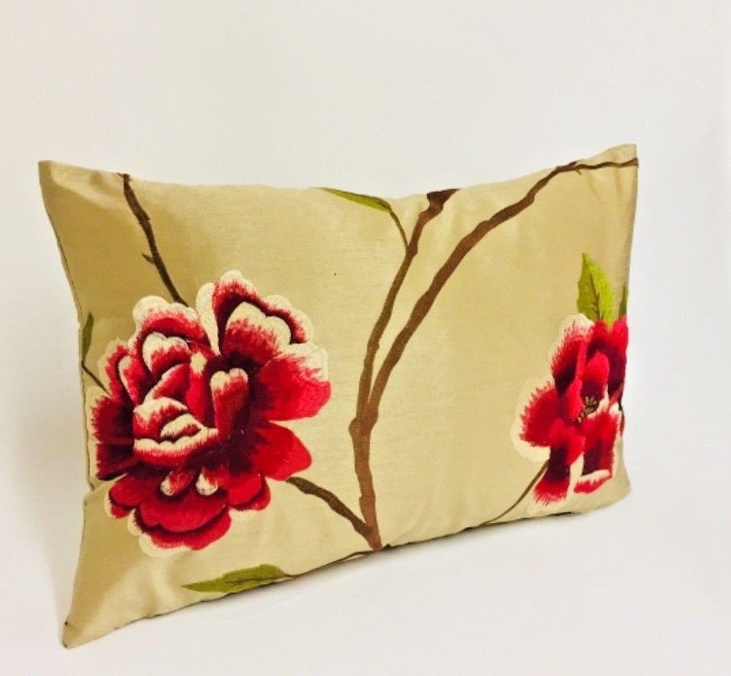 Voyage - Zarita - Gold / Red - Luxurious Faux Silk Embroidered Rose Cushion Cover - Handmade Throw Pillow Designer Home Decor