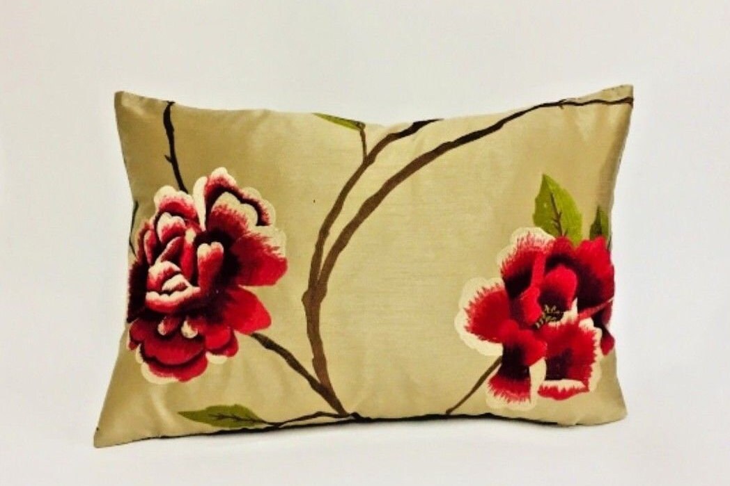 Voyage - Zarita - Gold / Red - Luxurious Faux Silk Embroidered Rose Cushion Cover - Handmade Throw Pillow Designer Home Decor