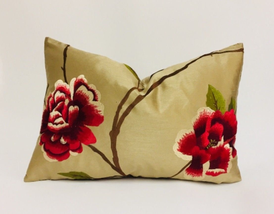 Voyage - Zarita - Gold / Red - Luxurious Faux Silk Embroidered Rose Cushion Cover - Handmade Throw Pillow Designer Home Decor