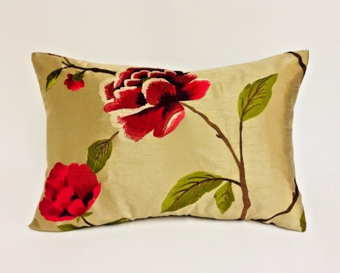 Voyage - Zarita - Gold / Red - Luxurious Faux Silk Embroidered Rose Cushion Cover - Handmade Throw Pillow Designer Home Decor