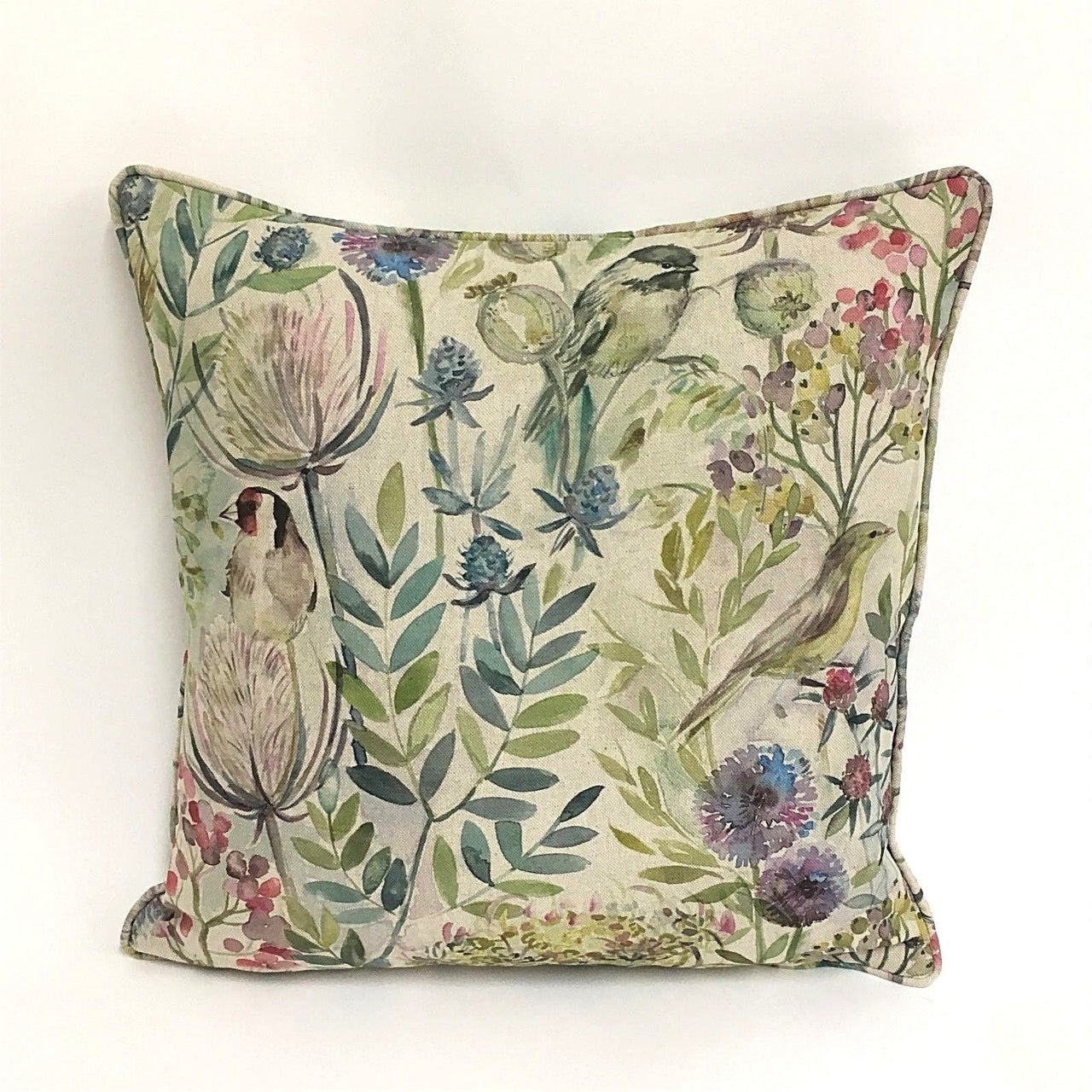 Voyage - Morning Chorus - Linen - Playful Inquisitive Floral Bird Cushion Cover - Handmade Throw Pillow Designer Home Decor