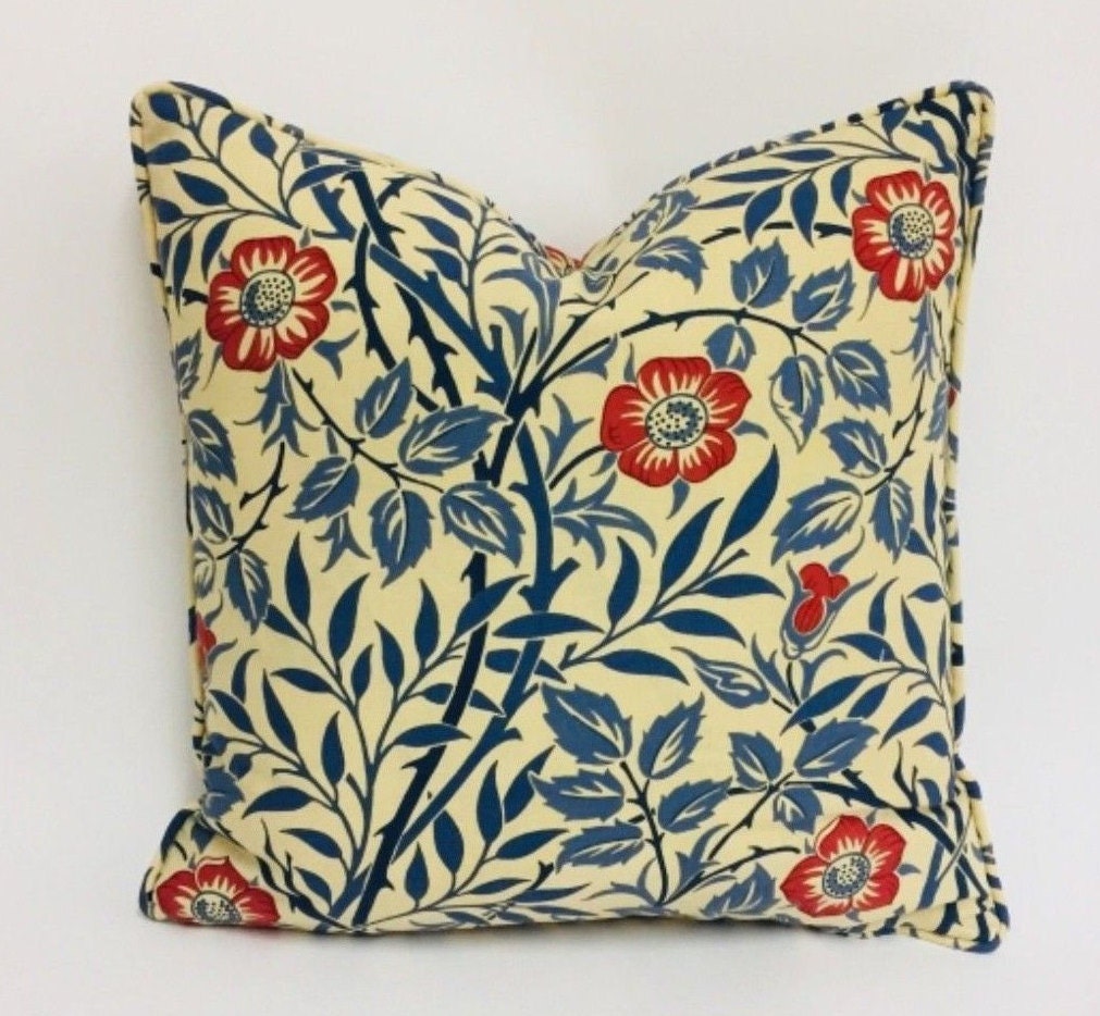 William Morris - Sweet Briar - Indigo / Red - Self-Piped Cushion Cover Throw Pillow Designer Home Decor