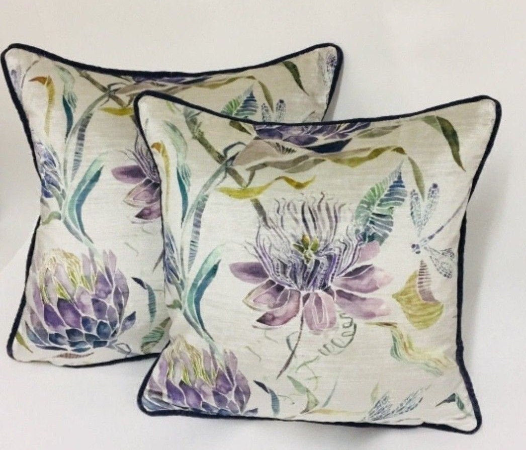 Voyage - Moorehaven Velvet - Periwinkle - Stunning Thistle & Dragonfly Velvet Cushion Cover - Handmade Throw Pillow Designer Home Decor