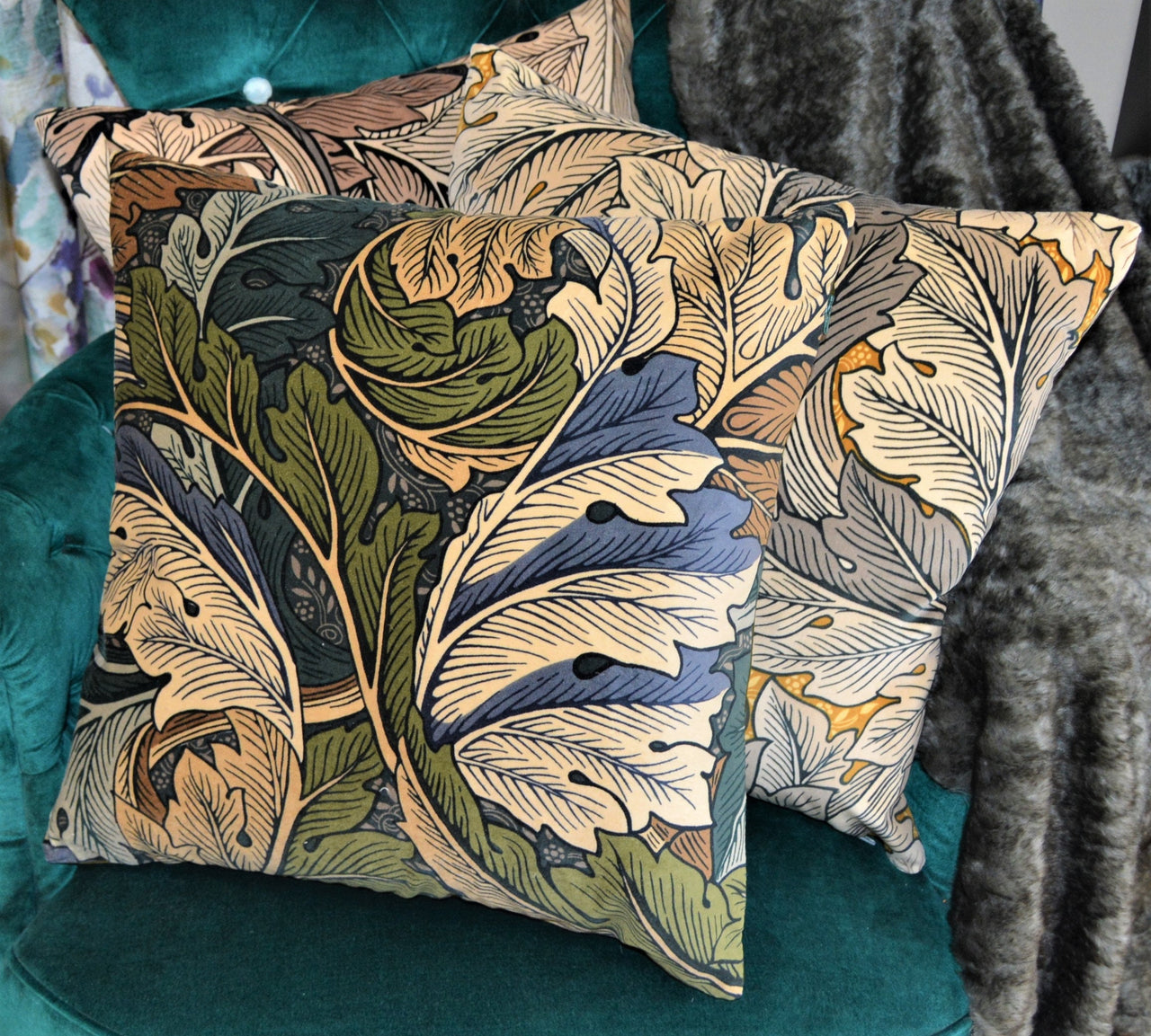 William Morris - Acanthus Velvet - Slate Blue / Thyme - Cushion Cover Throw Pillow Designer Home Decor