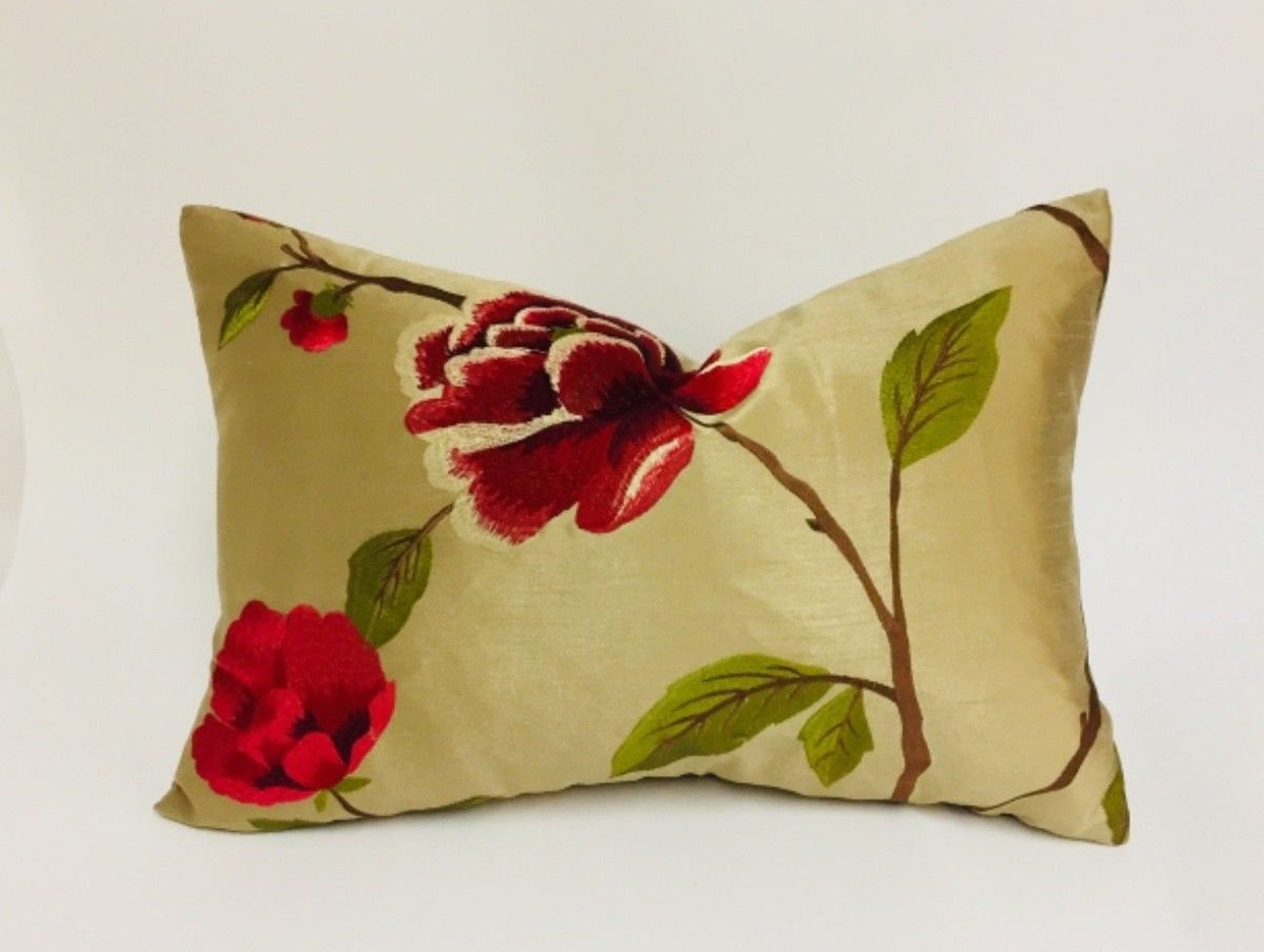 Voyage - Zarita - Gold / Red - Luxurious Faux Silk Embroidered Rose Cushion Cover - Handmade Throw Pillow Designer Home Decor