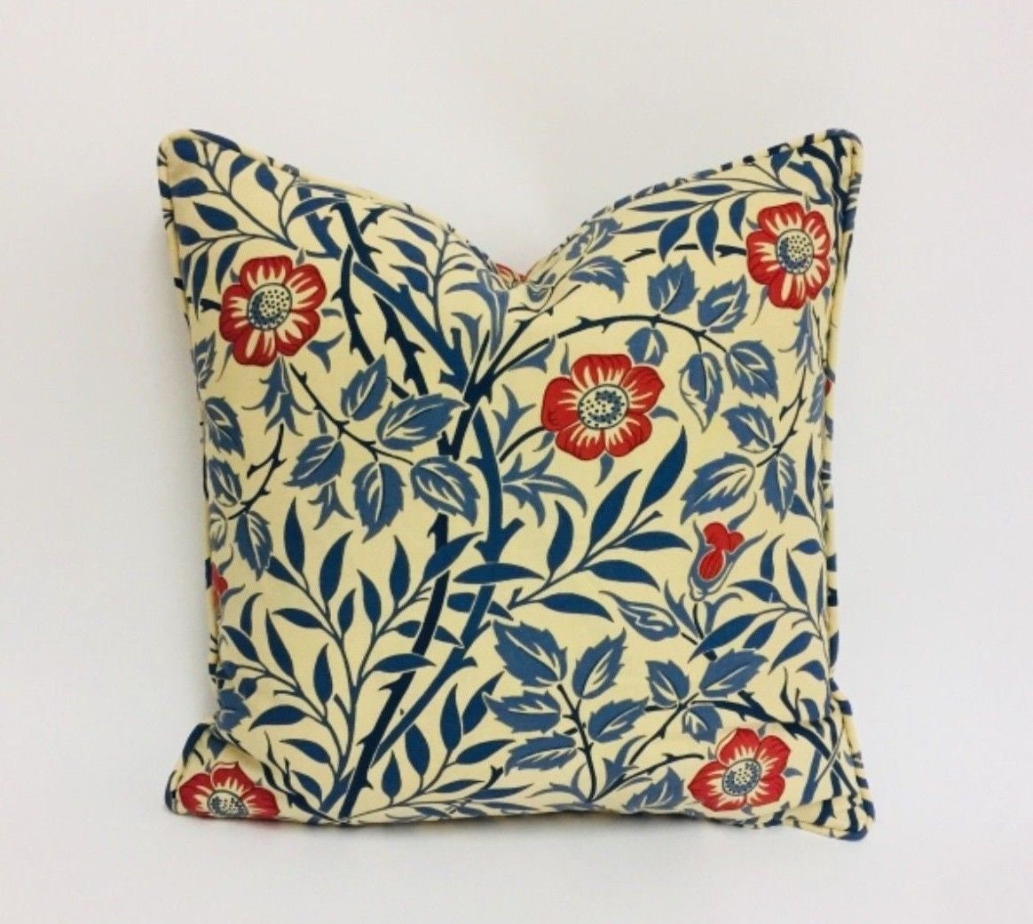 William Morris - Sweet Briar - Indigo / Red - Self-Piped Cushion Cover Throw Pillow Designer Home Decor