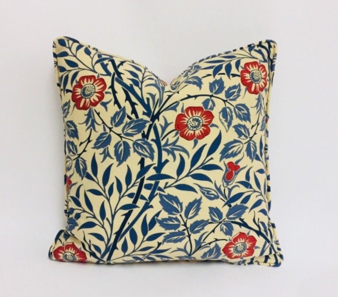 William Morris - Sweet Briar - Indigo / Red - Self-Piped Cushion Cover Throw Pillow Designer Home Decor