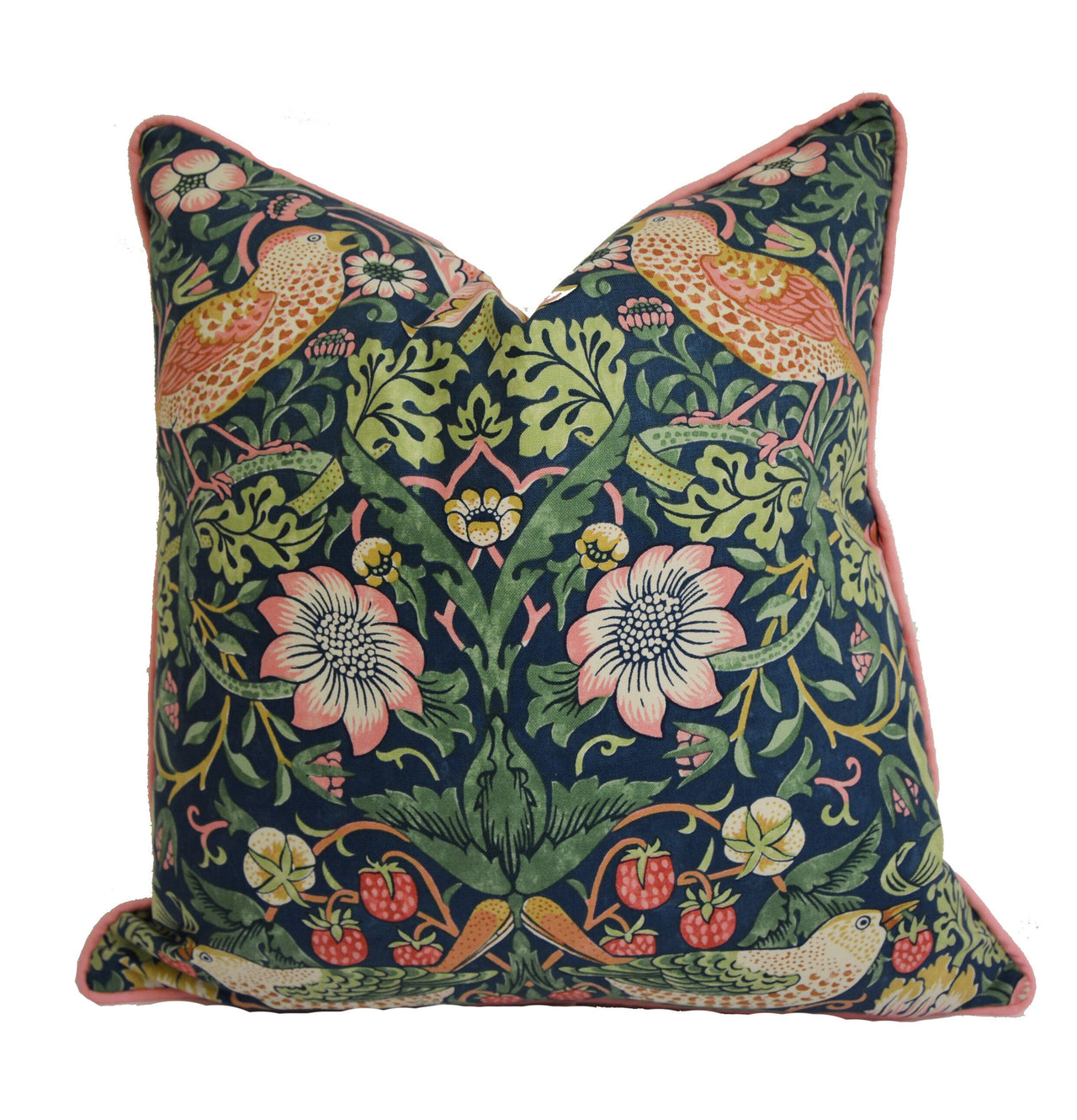 Morris & Co - Strawberry Thief - Indigo / Moss / Persian Pink - Stunning Iconic Classic Designer Cushion Cover - Handmade Home Decor